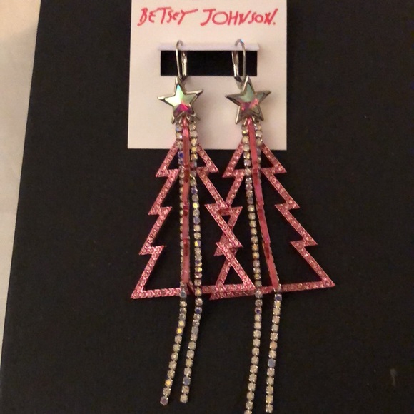 Betsey Johnson Silver Tone & Pink Metal Christmas Tree Drop Earrings Fringe NWT - Picture 7 of 13